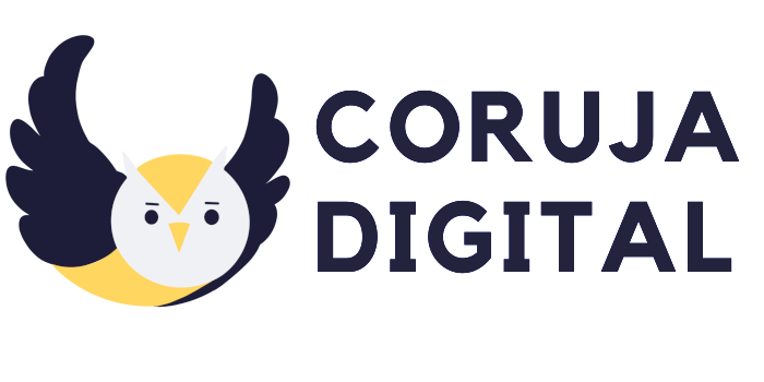 Un logotipo con un buho redondo de colores amarillo y azul, con la clara blanca, que representa a Coruja Digital